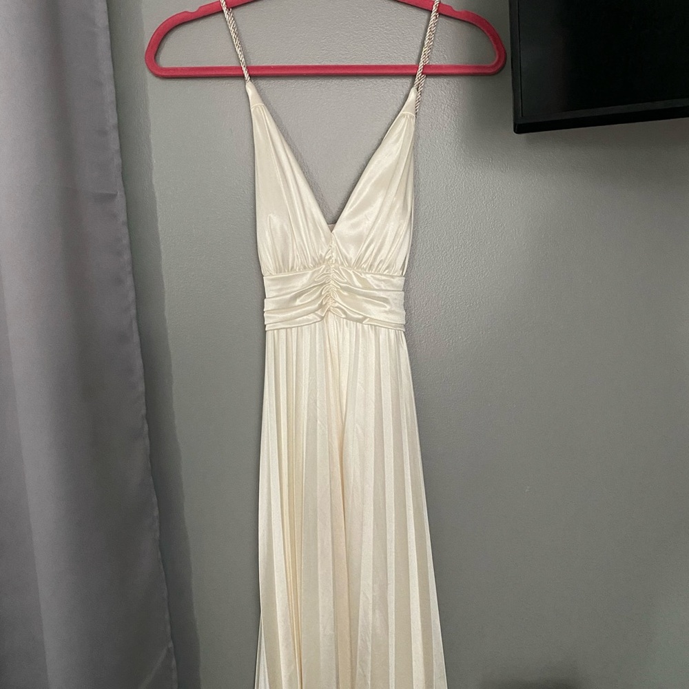 Ivory satin mini dress.